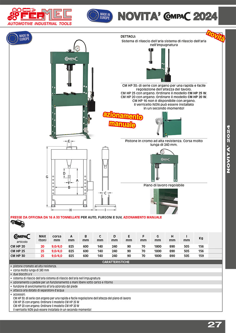 Presse da officina da 16 a 30 tonnellate per auto, furgoni e suv, azionamento manuale